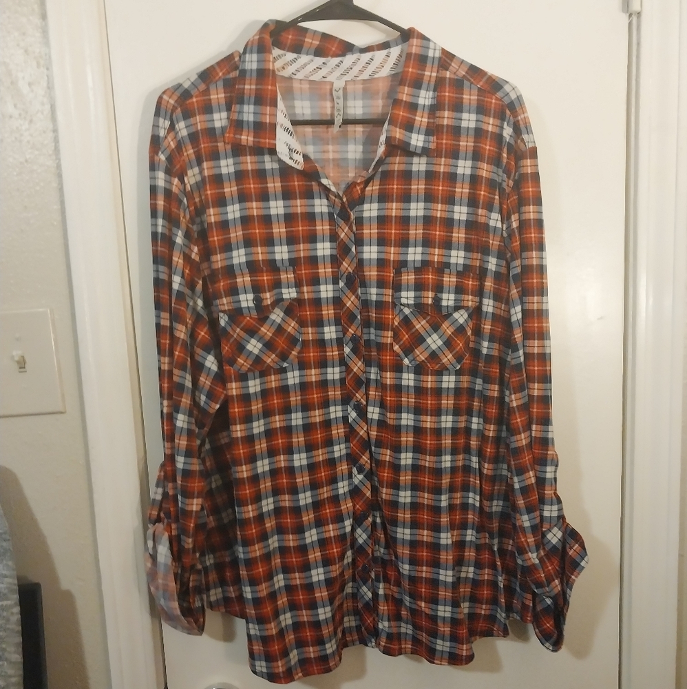 Plus size 3X red, blue and white checkered button down